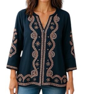 J Jill Embroidered V Neck Black Tunic Top